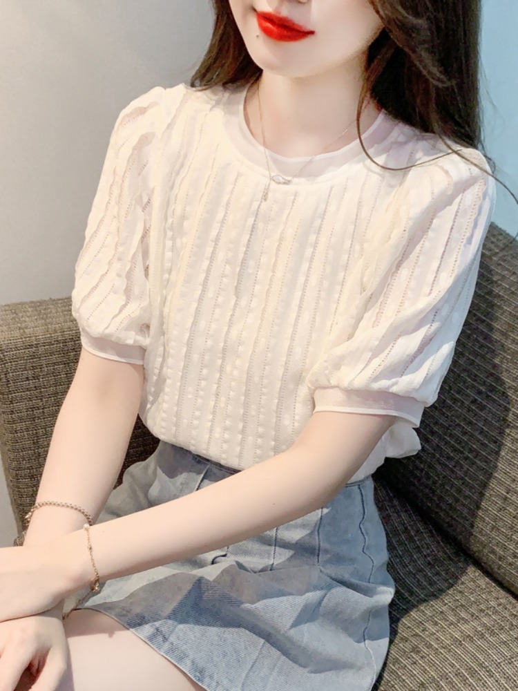 Mã B786: Áo sơ mi nữ voan ngắn tay cổ tròn màu trắng