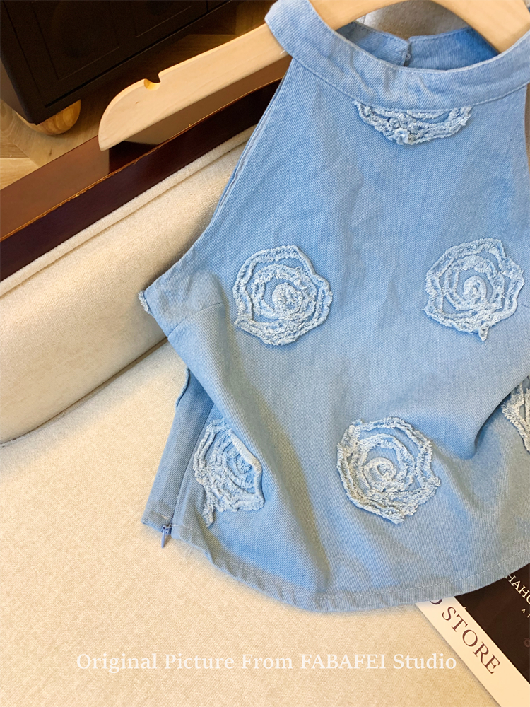 OD731: Áo sơ mi nữ vest denim thêu hoa hồng phong cách retro