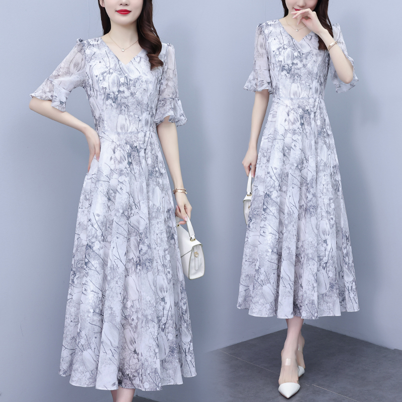 OD097: Đầm chữ A dài quá gối voan hoa ngắn tay cổ chữ V