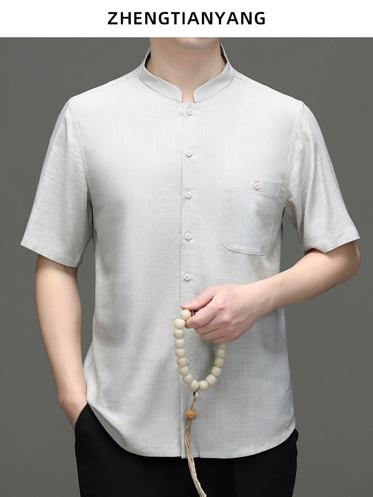 OE248: Áo sơ mi tay ngắn nam cao cấp trung niên vải lanh Tencel mùa hè cổ đứng