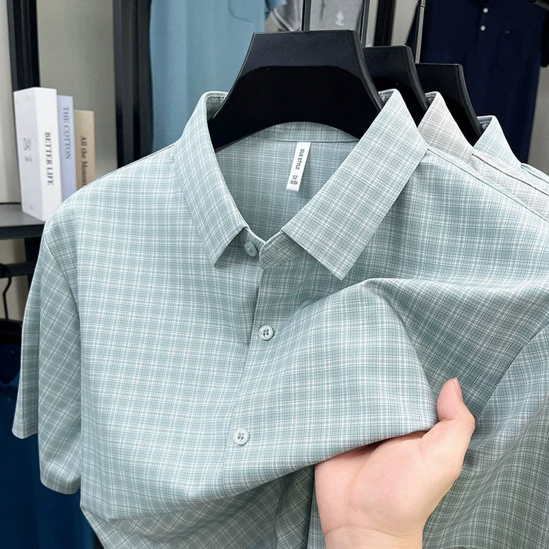 OE996: Áo sơ mi ngắn tay lụa tơ tằm Woodpecker dành cho nam, họa tiết kẻ caro