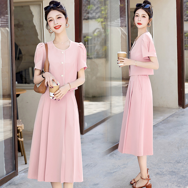 OD556: set áo váy dài sang trọng cao cấp cổ tròn