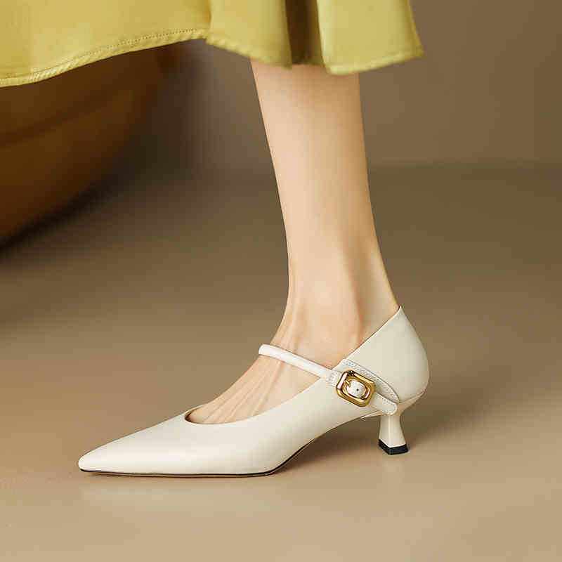 OC030: Giày da thật nữ Mary Jane một nút phong cách cổ điển Pháp giày mũi nhọn cao gót 4cm