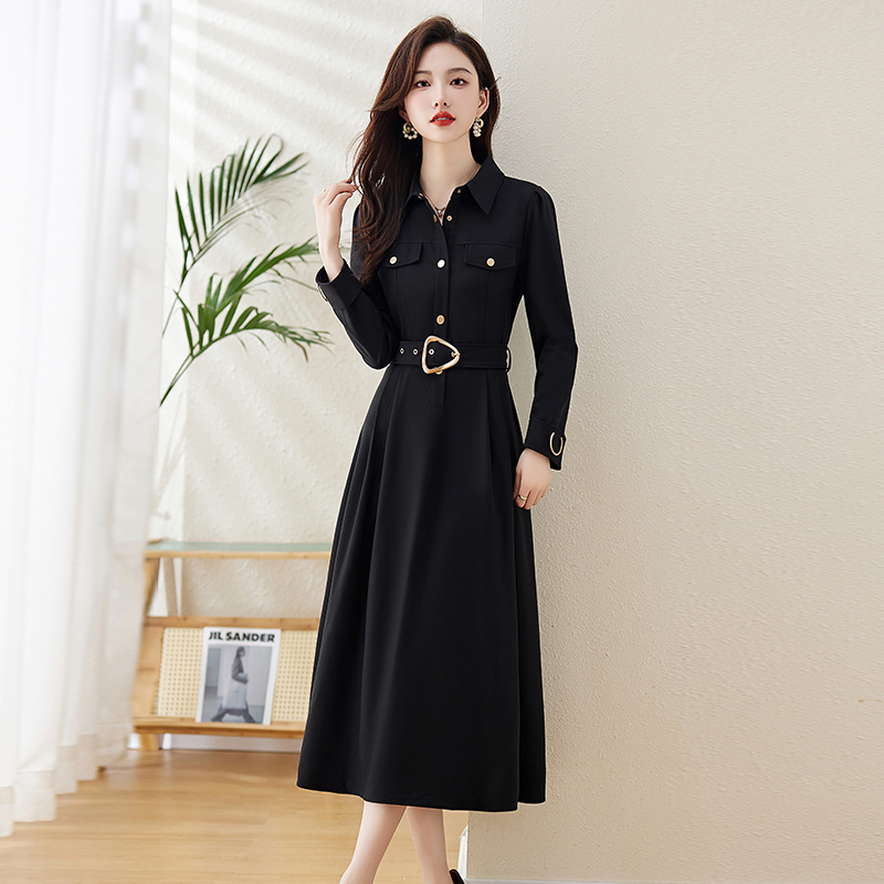 OD637: Váy sơ mi dài tay cao cấp dài qua đầu gối