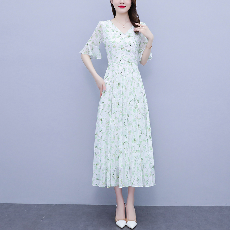 OD097: Đầm chữ A dài quá gối voan hoa ngắn tay cổ chữ V