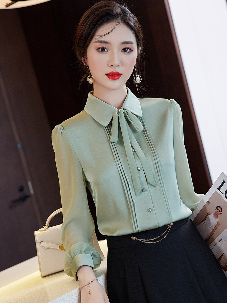 OD077: áo sơ mi nữ lụa dài tay cổ nơ