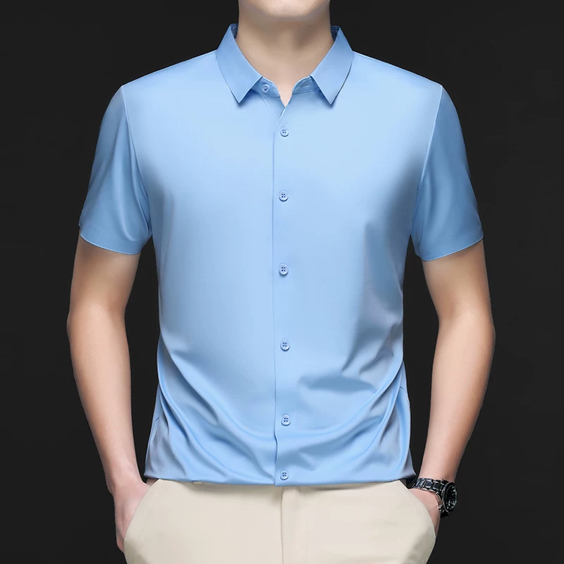 OE971: Áo sơ mi ngắn tay cao cấp bằng lụa tơ tằm cho nam, không đường may, không nhăn