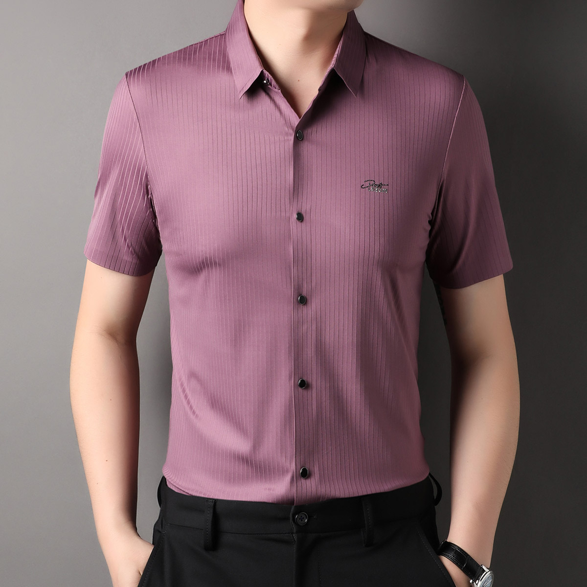 OE300: Áo sơ mi nam cao cấp tay ngắn lụa băng mùa hè họa tiết sọc jacquard