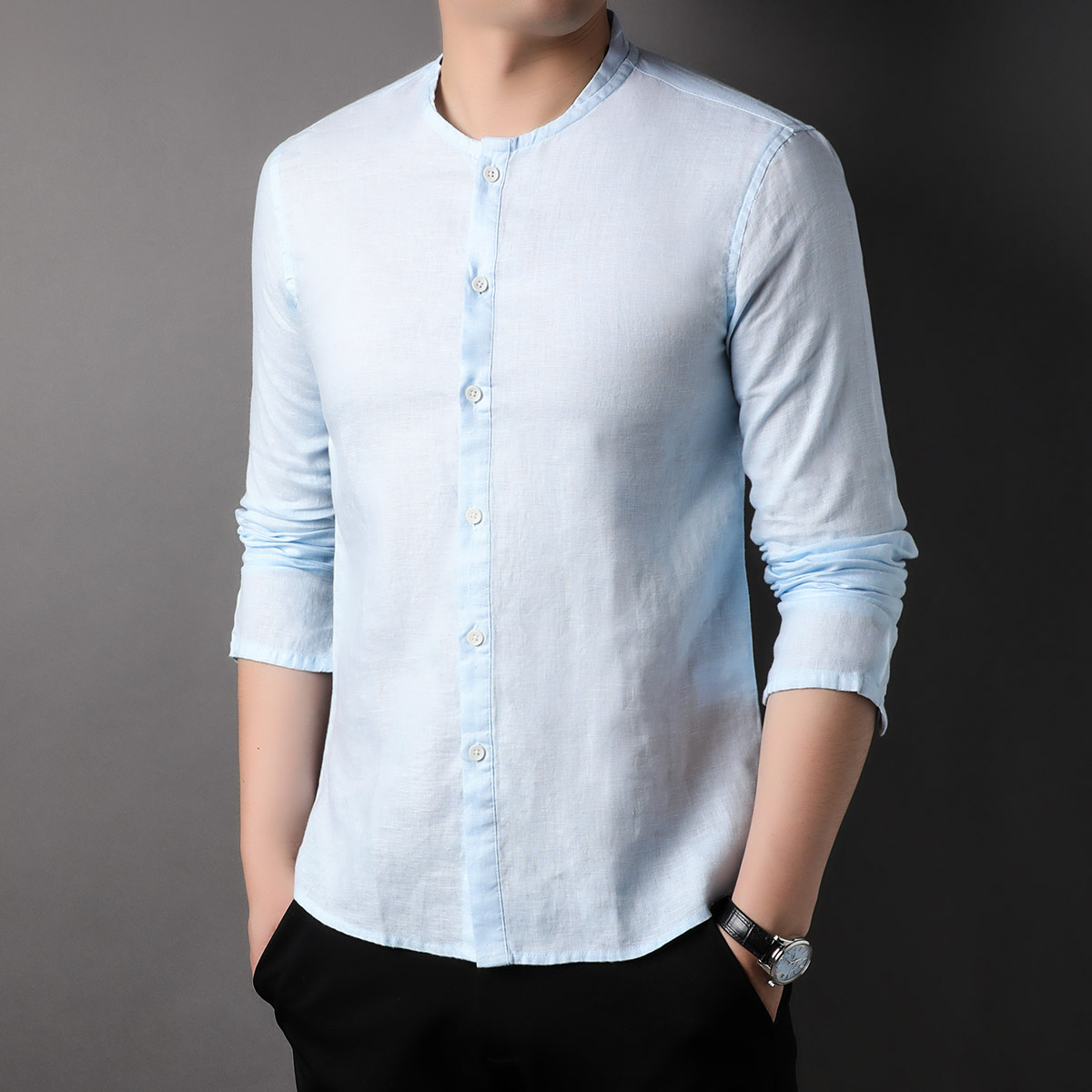 OD301: Áo sơ mi nam cao cấp dài tay vải lanh cổ tròn