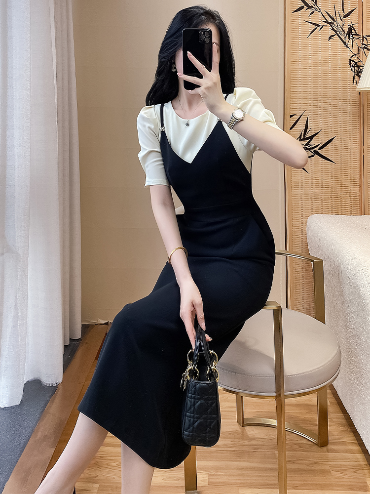 OE914: Váy đen tay ngắn mùa hè mới cho nữ