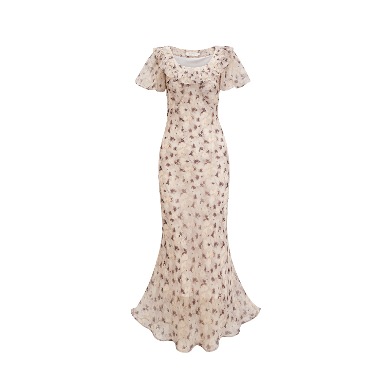 OE619: Váy dài tay chiffon hoa kiểu Pháp