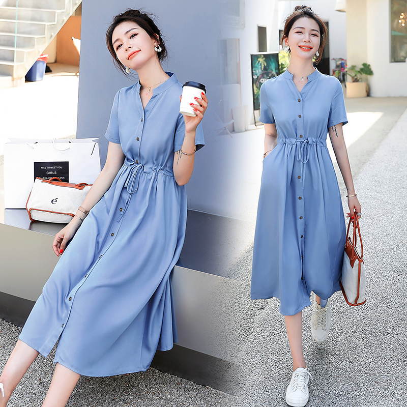 OD648: Váy sơ mi denim Tencel nữ dáng dài quá gối đai eo