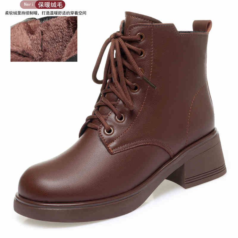 C255: Giày bốt nữ Martin bằng da bò thật Giày bốt ngắn nữ gót vừa Giày bốt đơn Plus nhung
