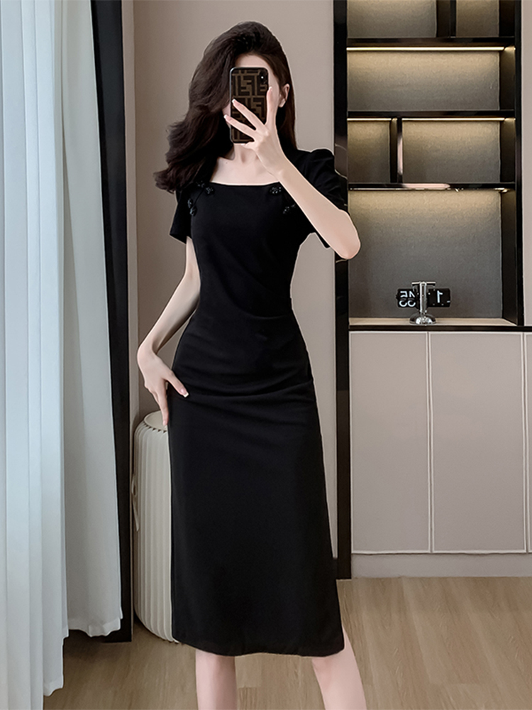 OD615: đầm dài ôm cổ vuông cài cúc kiểu dáng nữ xếp ly