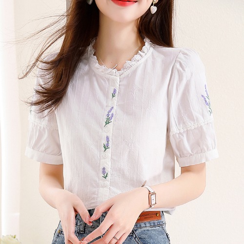 OD036: áo sơ mi nữ cotton phối ren tay ngắn