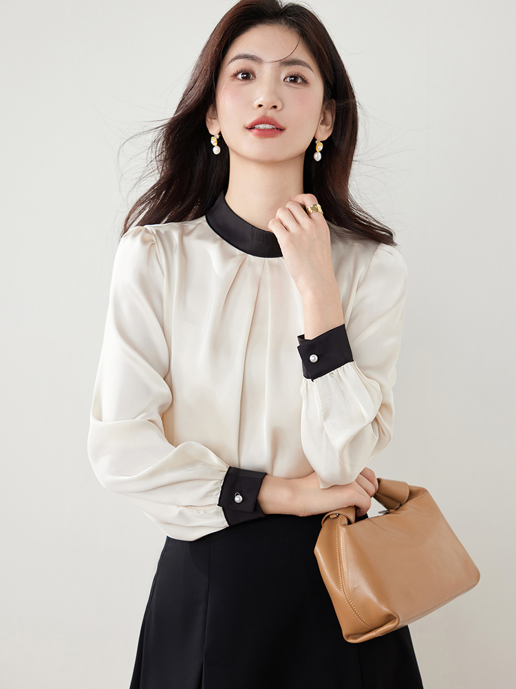 OE396: Áo sơ mi vải satin chiffon cổ đứng phối màu kiểu Pháp nữ