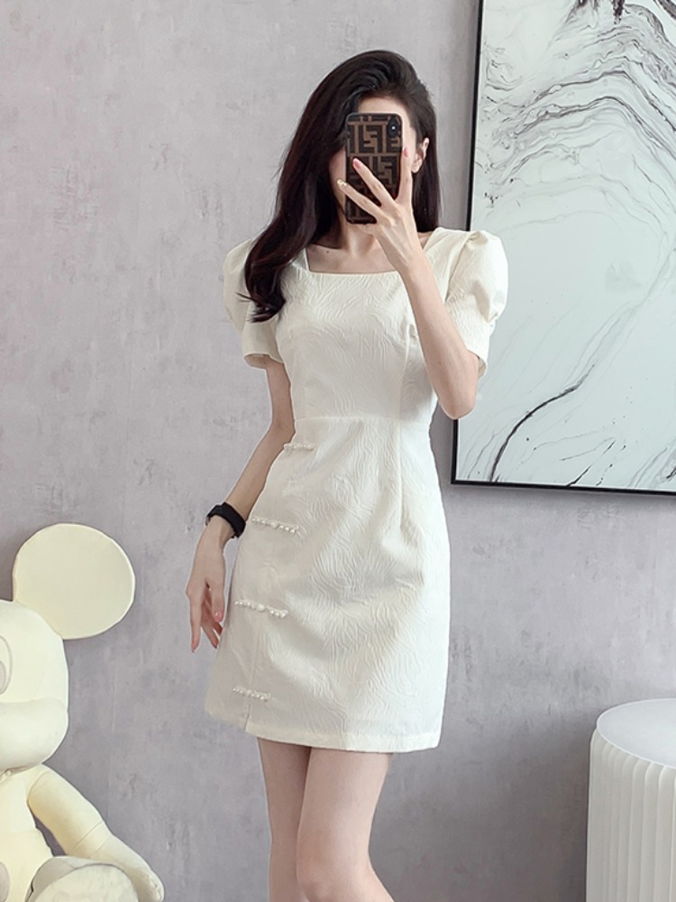 OD643: Đầm sườn xám Váy trắng jacquard cao cấp kiểu Pháp