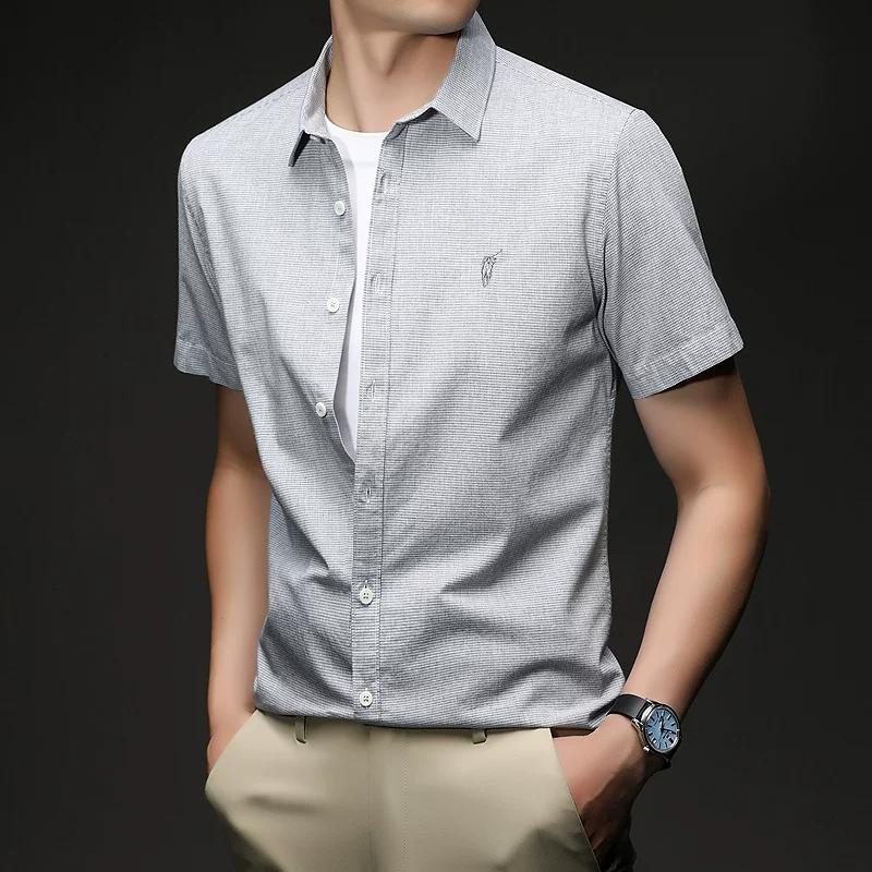 OE986: Áo sơ mi nam tay ngắn chất liệu cotton mỏng, áo kiểu Hàn Quốc thêu họa tiết