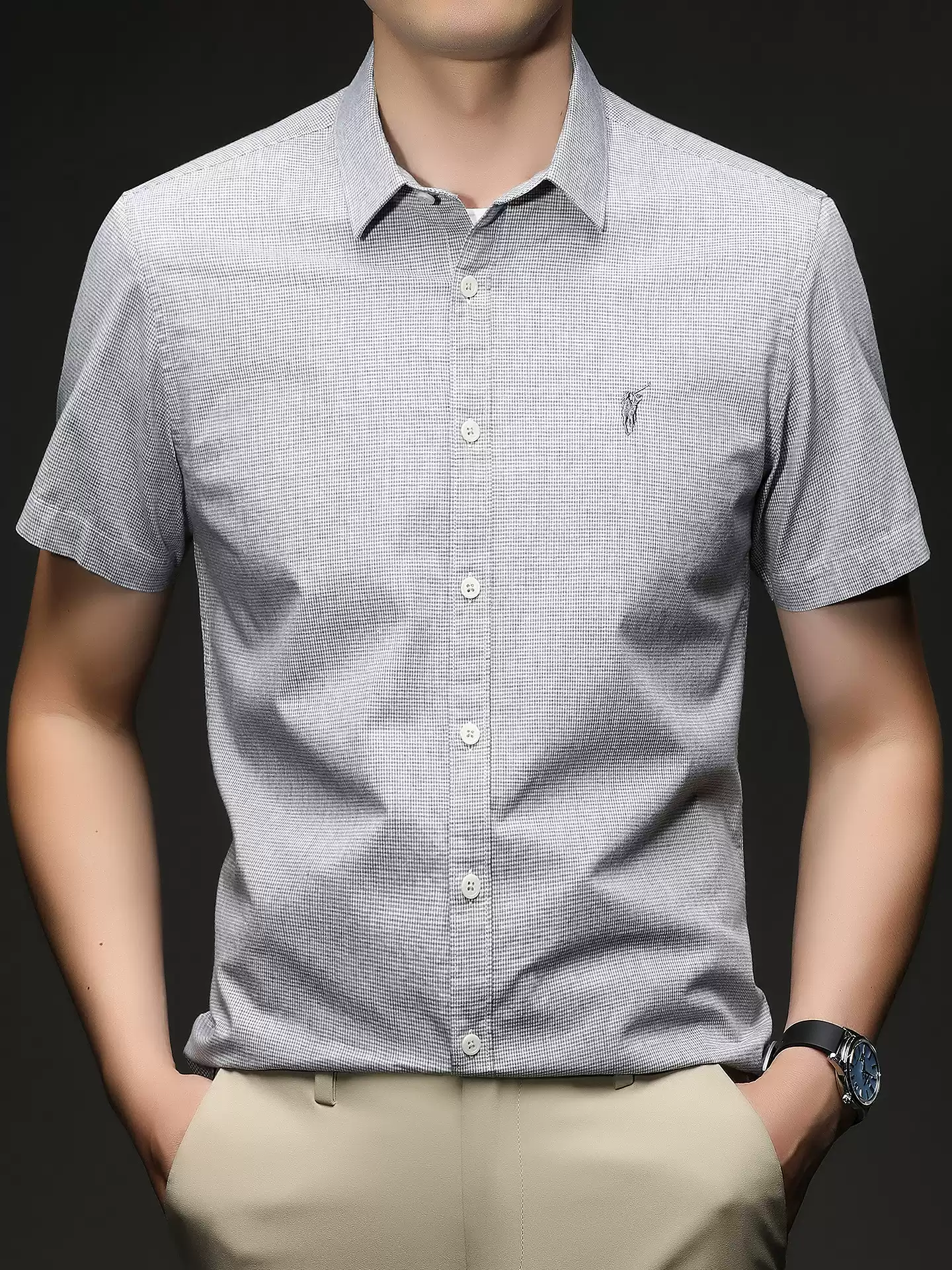 OE986: Áo sơ mi nam tay ngắn chất liệu cotton mỏng, áo kiểu Hàn Quốc thêu họa tiết