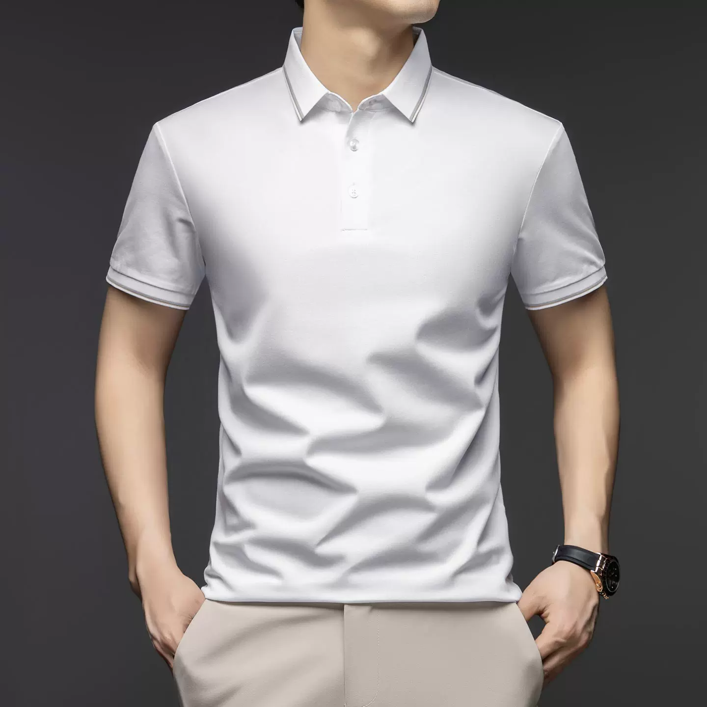 OH028: Áo thun nam tay ngắn cotton lyocell, cổ áo phối màu