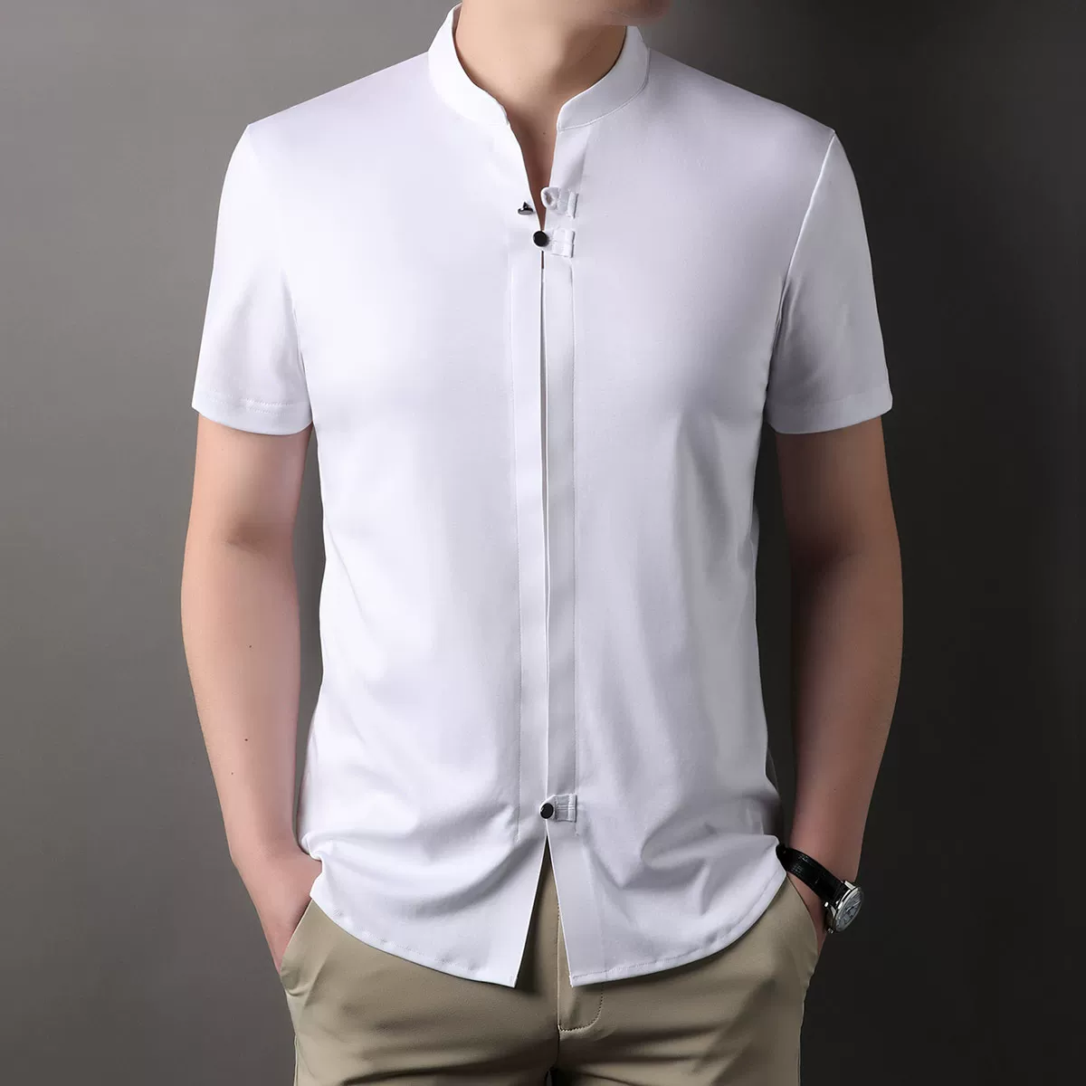 OH029: Áo thun nam tay ngắn mỏng kiểu Trung Quốc, cổ đứng, cài khuy, chất liệu cotton