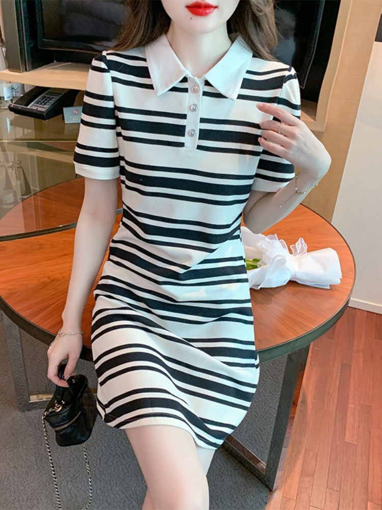 OD098: đầm thun sọc trẻ trung cổ polo