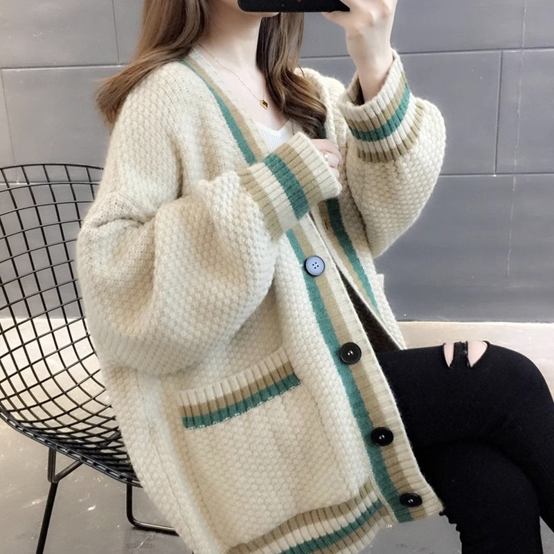 OE439: Áo len cardigan dệt kim nữ thu đông mới áo khoác rộng nữ