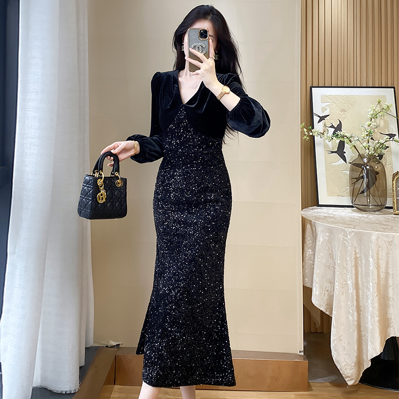 OE889: Váy dài sequin ôm vừa vặn mùa xuân và mùa thu váy dạ hội cao cấp váy dài tôn dáng