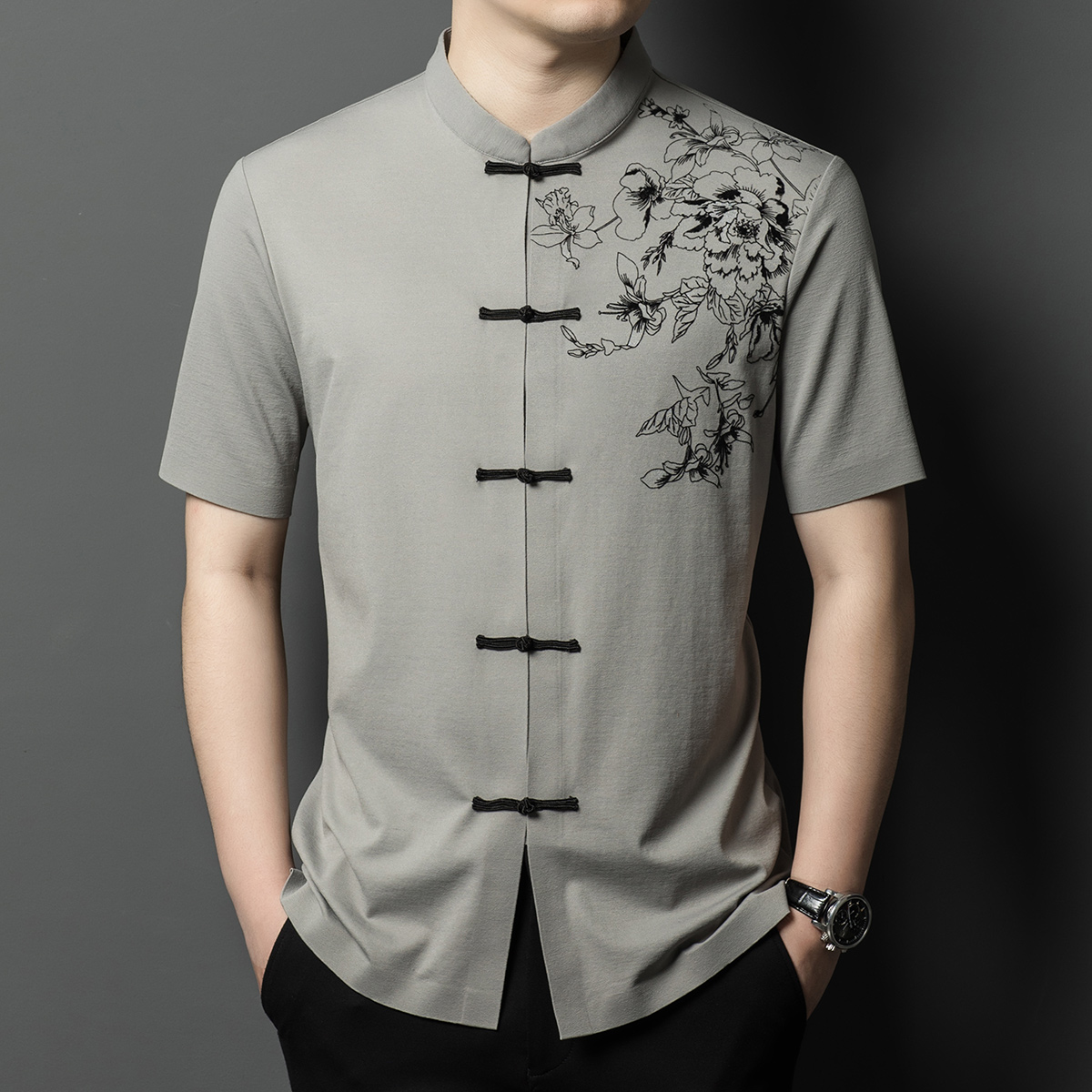 OD334: Áo sơ mi nam ngắn tay lụa mỏng cổ đứng in hình
