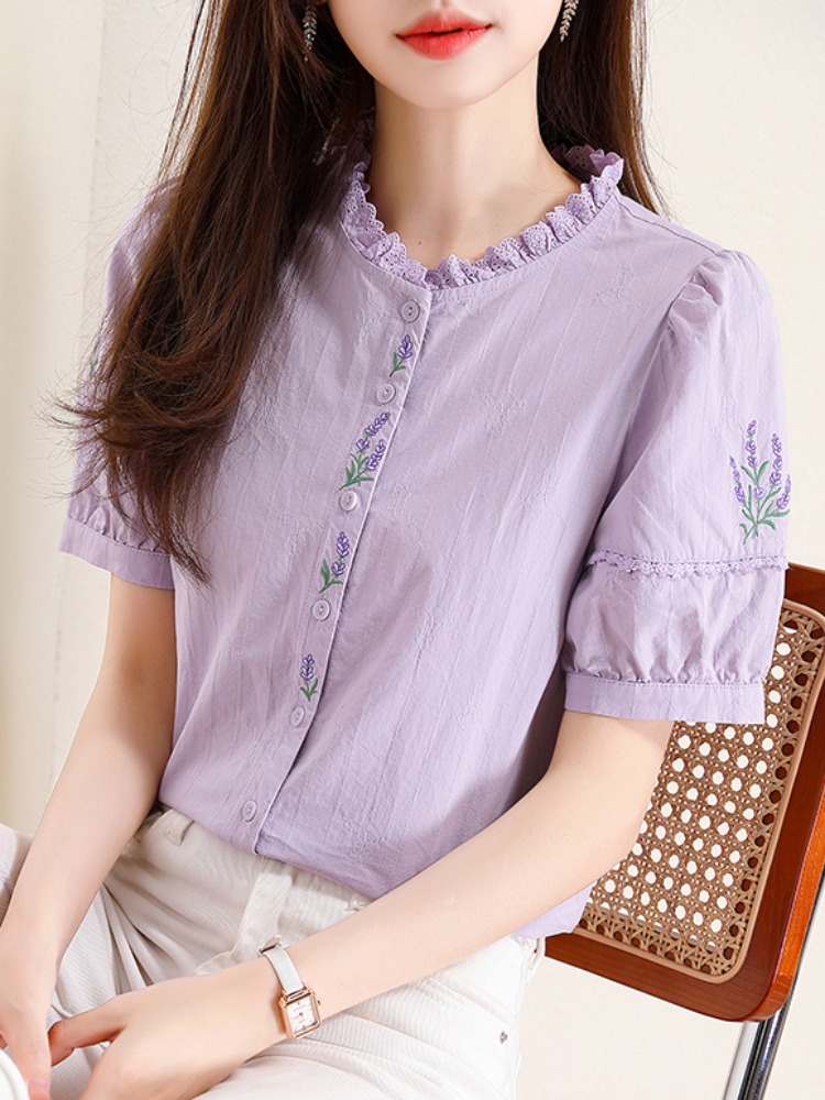 OD036: áo sơ mi nữ cotton phối ren tay ngắn