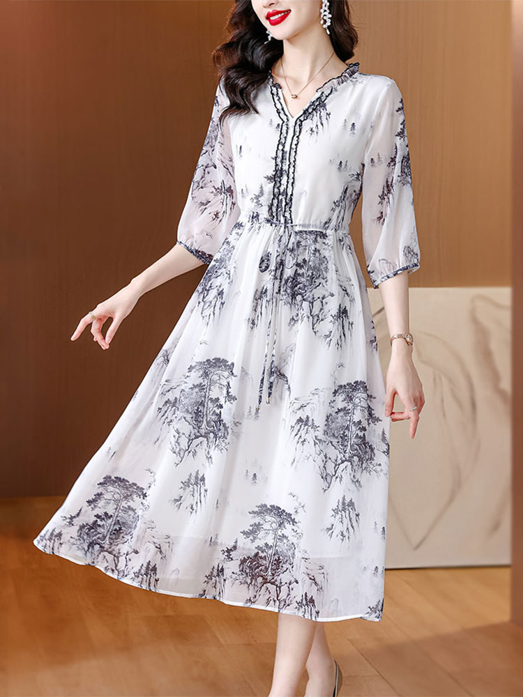 OD052: đầm trung niên họa tiết voan mềm