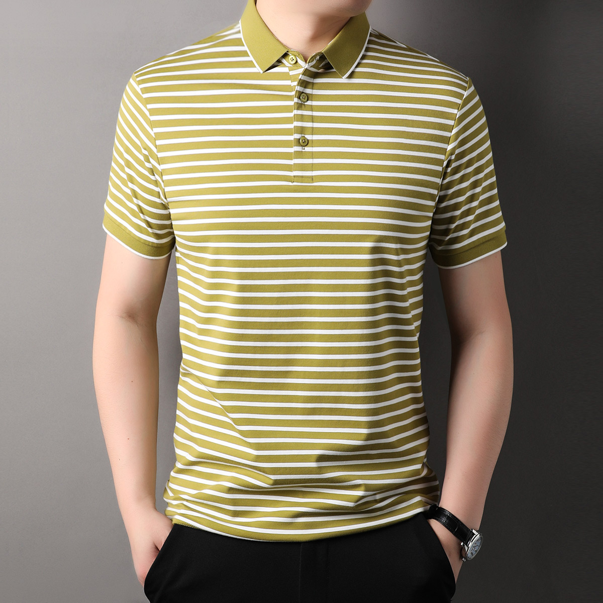 OD329: Áo thun lạnh cotton sợi tằm ngắn tay mùa hè nam sọc atn