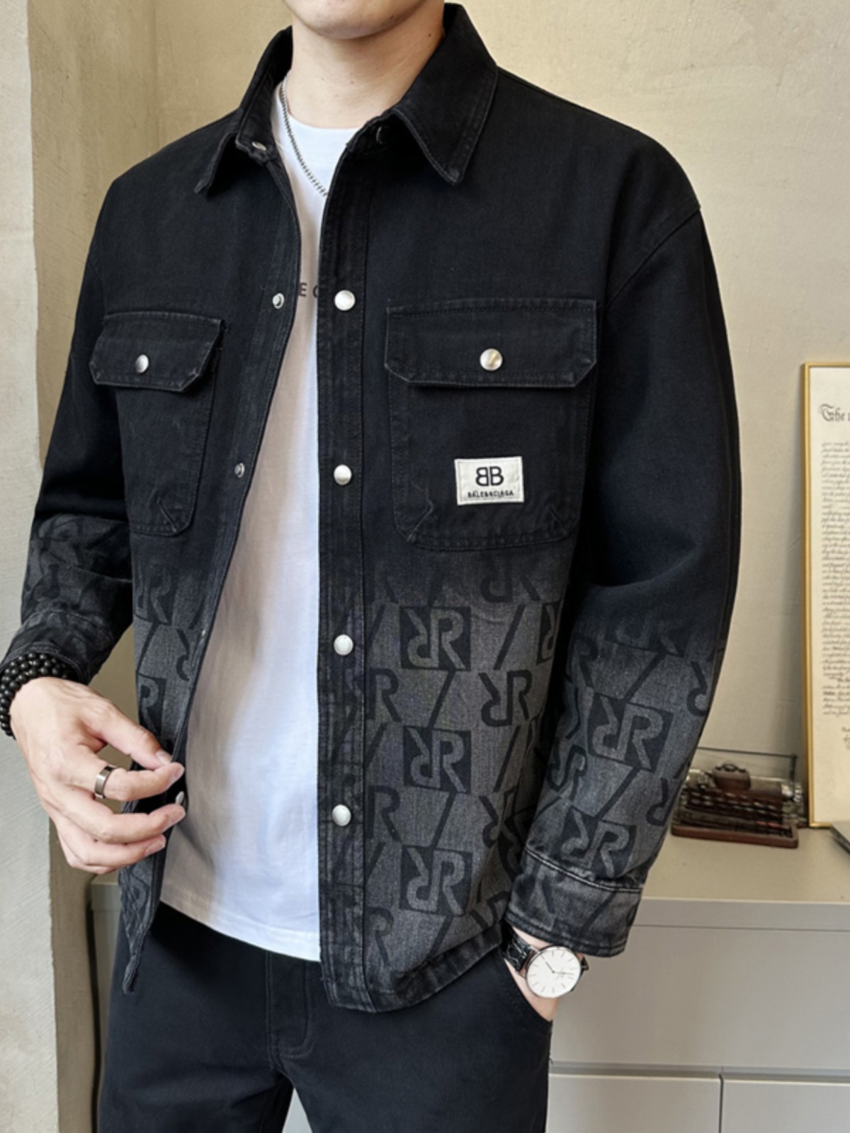 OE153: Áo khoác jean denim họa tiết màu gradient nam cao cấp