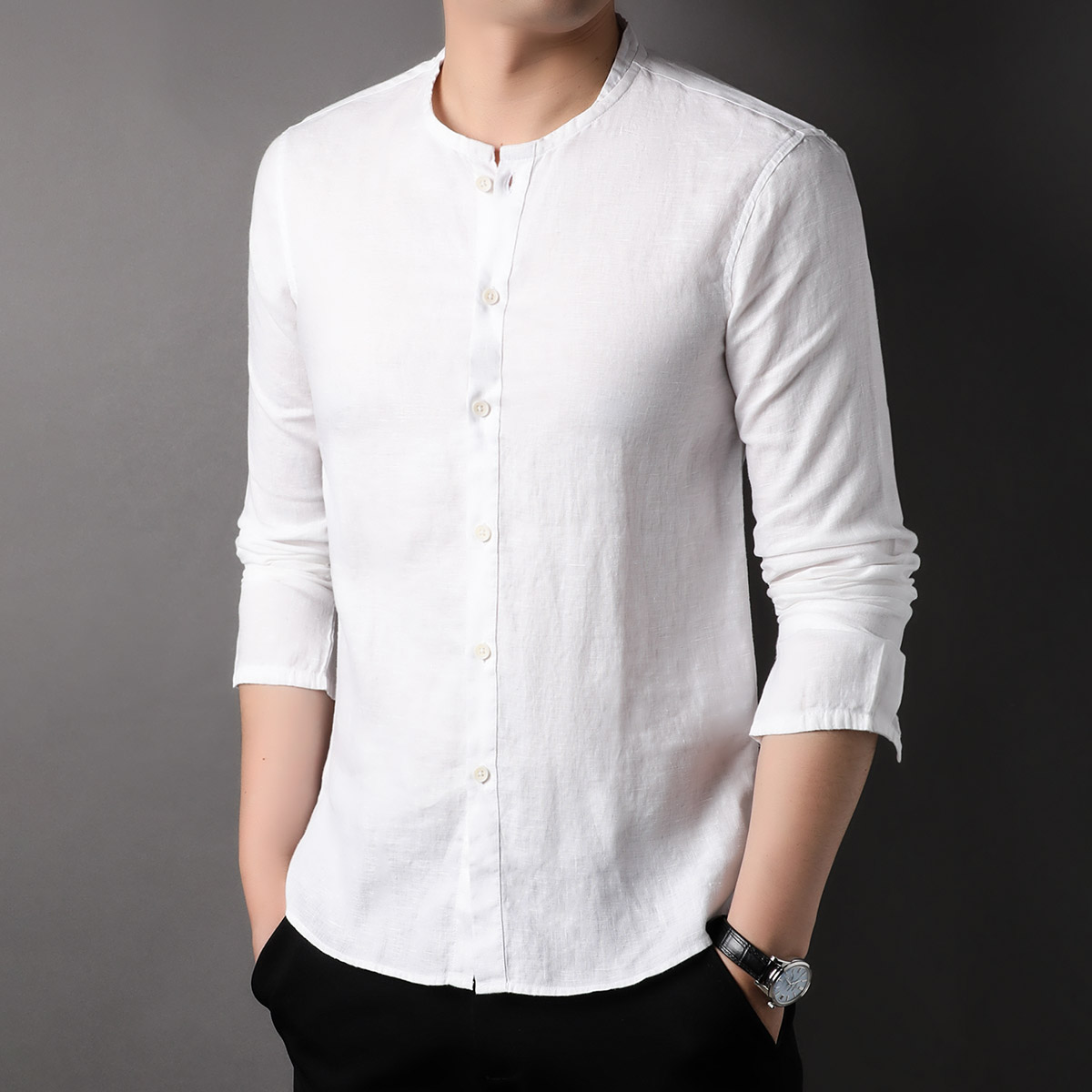 OD301: Áo sơ mi nam cao cấp dài tay vải lanh cổ tròn