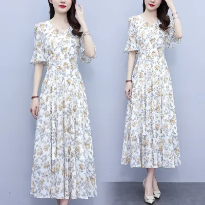 OD097: Đầm chữ A dài quá gối voan hoa ngắn tay cổ chữ V