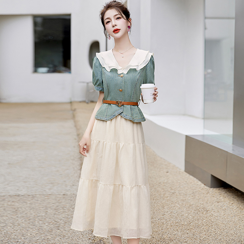 OD604: set áo váy cao cấp cổ búp bê đẹp