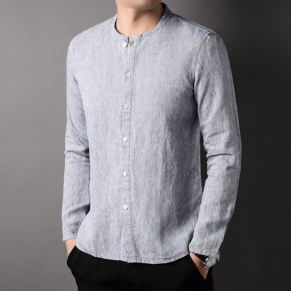 OD301: Áo sơ mi nam cao cấp dài tay vải lanh cổ tròn