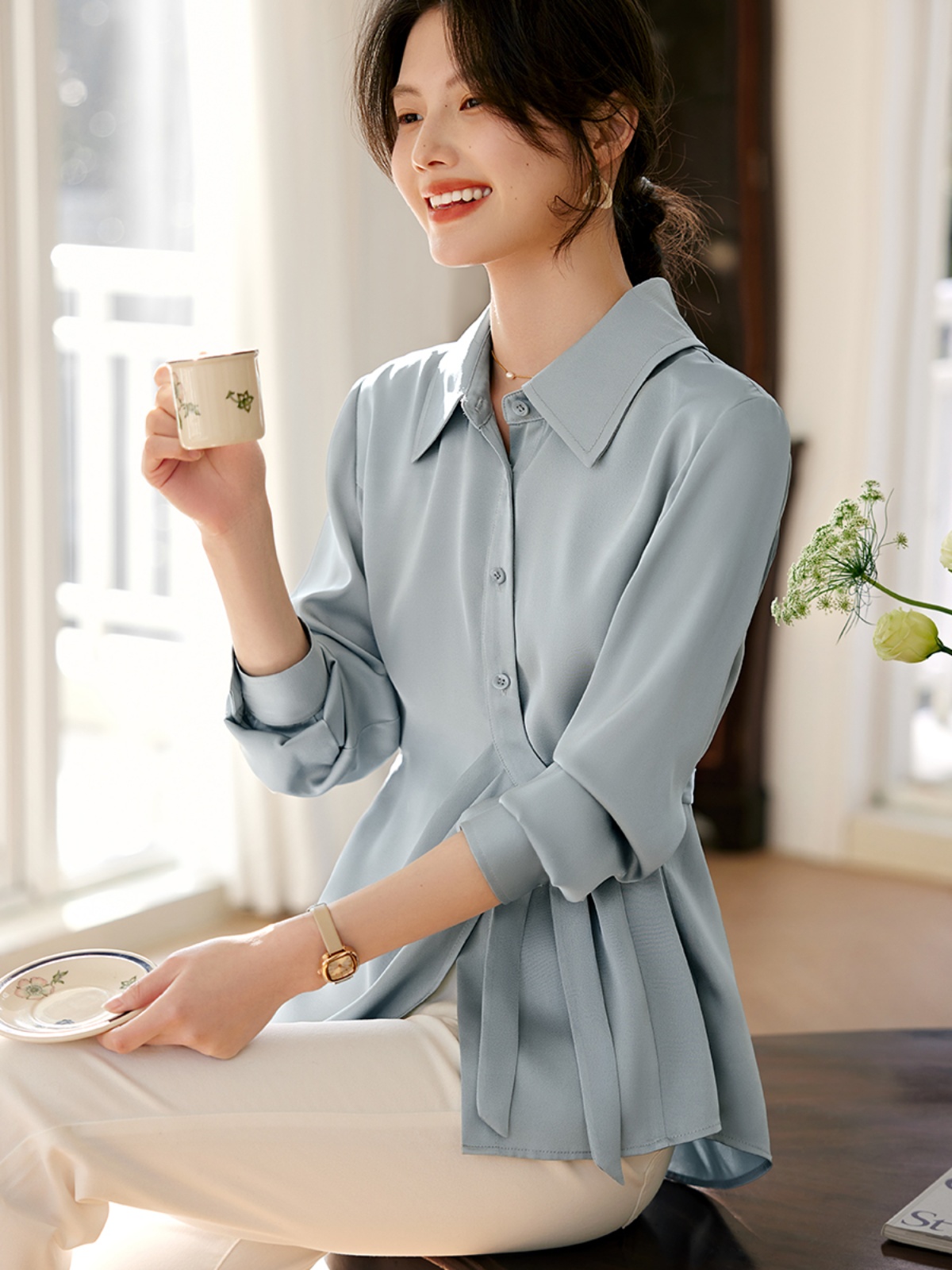 OD126: áo sơ mi lụa nữ phối dây eo