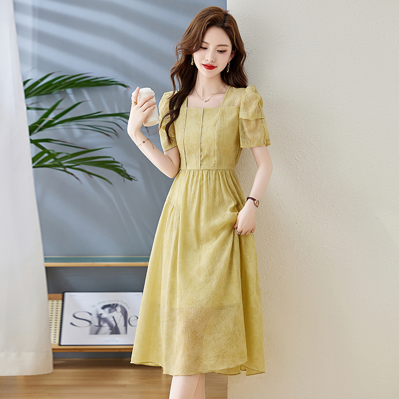 OD598: Váy cổ vuông trung niên kiểu mới giảm eo váy siêu đẹp