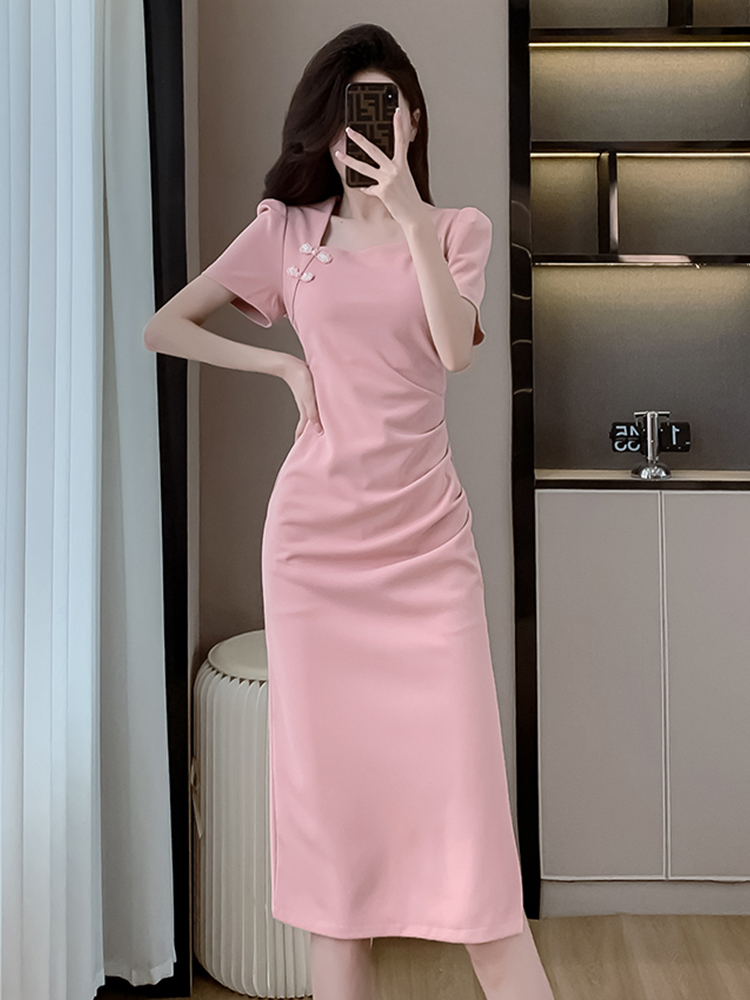 OD615: đầm dài ôm cổ vuông cài cúc kiểu dáng nữ xếp ly