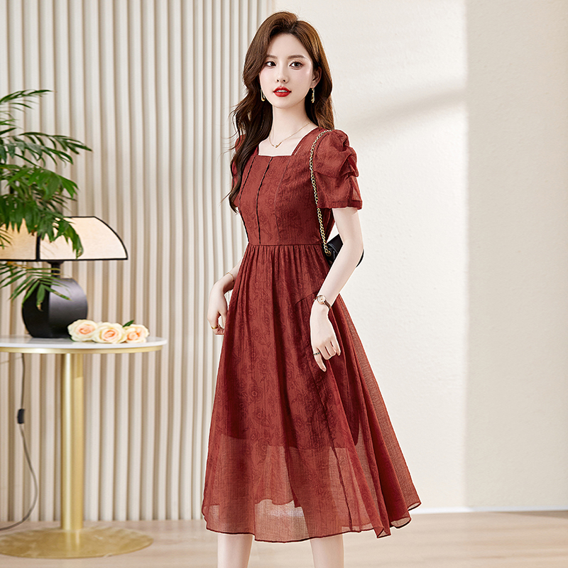 OD598: Váy cổ vuông trung niên kiểu mới giảm eo váy siêu đẹp