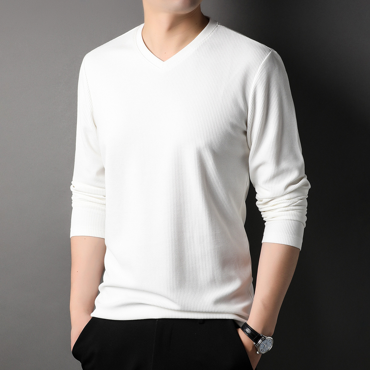 OD335: Áo thun nam cotton tay dài Waffle nam cổ chữ V atn