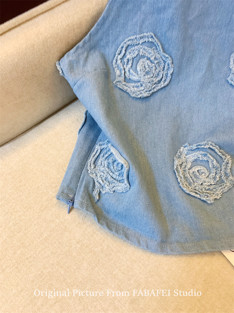 OD731: Áo sơ mi nữ vest denim thêu hoa hồng phong cách retro