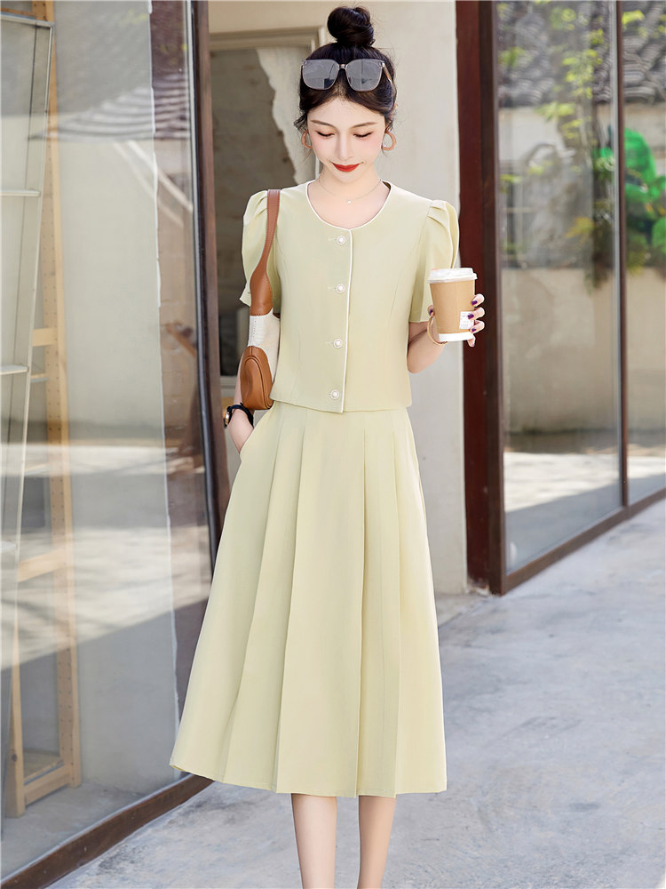 OD556: set áo váy dài sang trọng cao cấp cổ tròn
