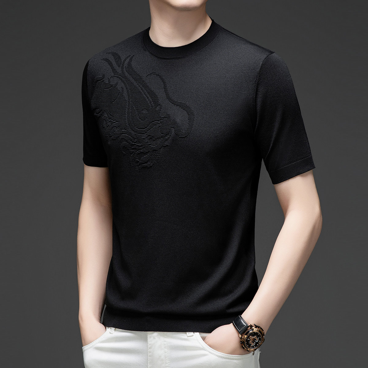 OD331: Áo thun nam mùa hè cổ tròn cổ tròn dệt hoa hình rồng tencel