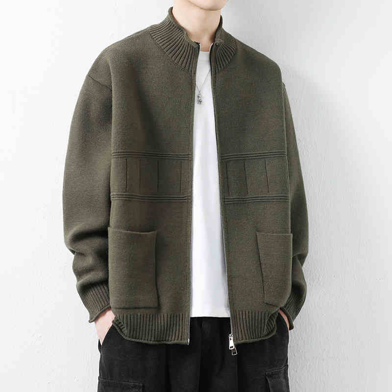 OC394: Áo khoác nam len cardigan cổ áo đứng