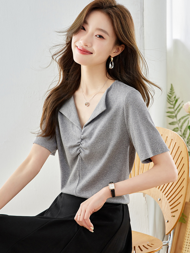OE400: áo sơ mi nữ cổ chữ V cotton nguyên chất tay ngắn áo phông nữ