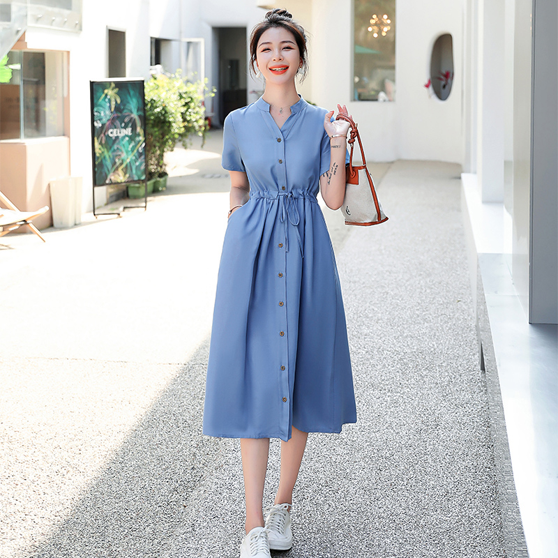 OD648: Váy sơ mi denim Tencel nữ dáng dài quá gối đai eo