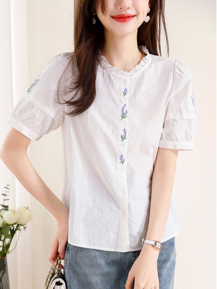 OD036: áo sơ mi nữ cotton phối ren tay ngắn