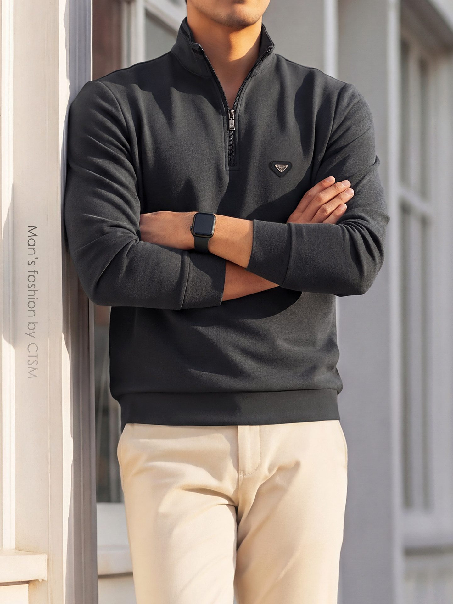 OH087: Áo sweatshirt nam cao cấp cao cấp cổ đứng, khóa kéo nửa thân, phong cách tối giản